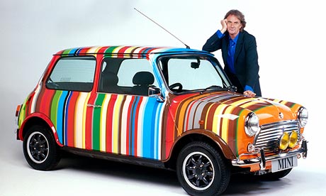Paul Smith and a Mini in the designer's trademark stripes